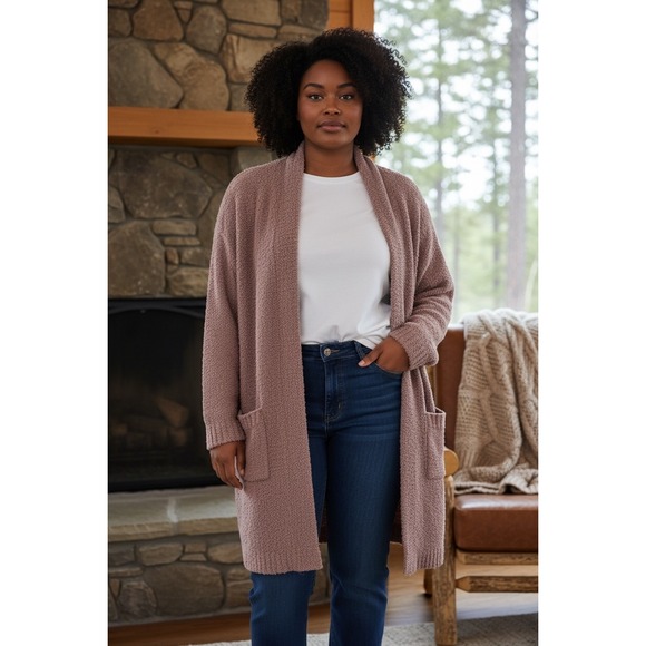 SKIMS Sweaters - SKIMS Cozy Knit Cardigan Robe L/XL Rose Clay Pink Fuzzy Boucle Pockets Cabincore